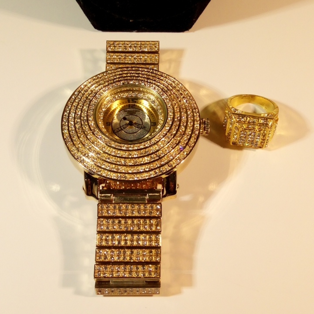 BLING BLING ICED OUT GOLD PLATED WATCH & RING SET